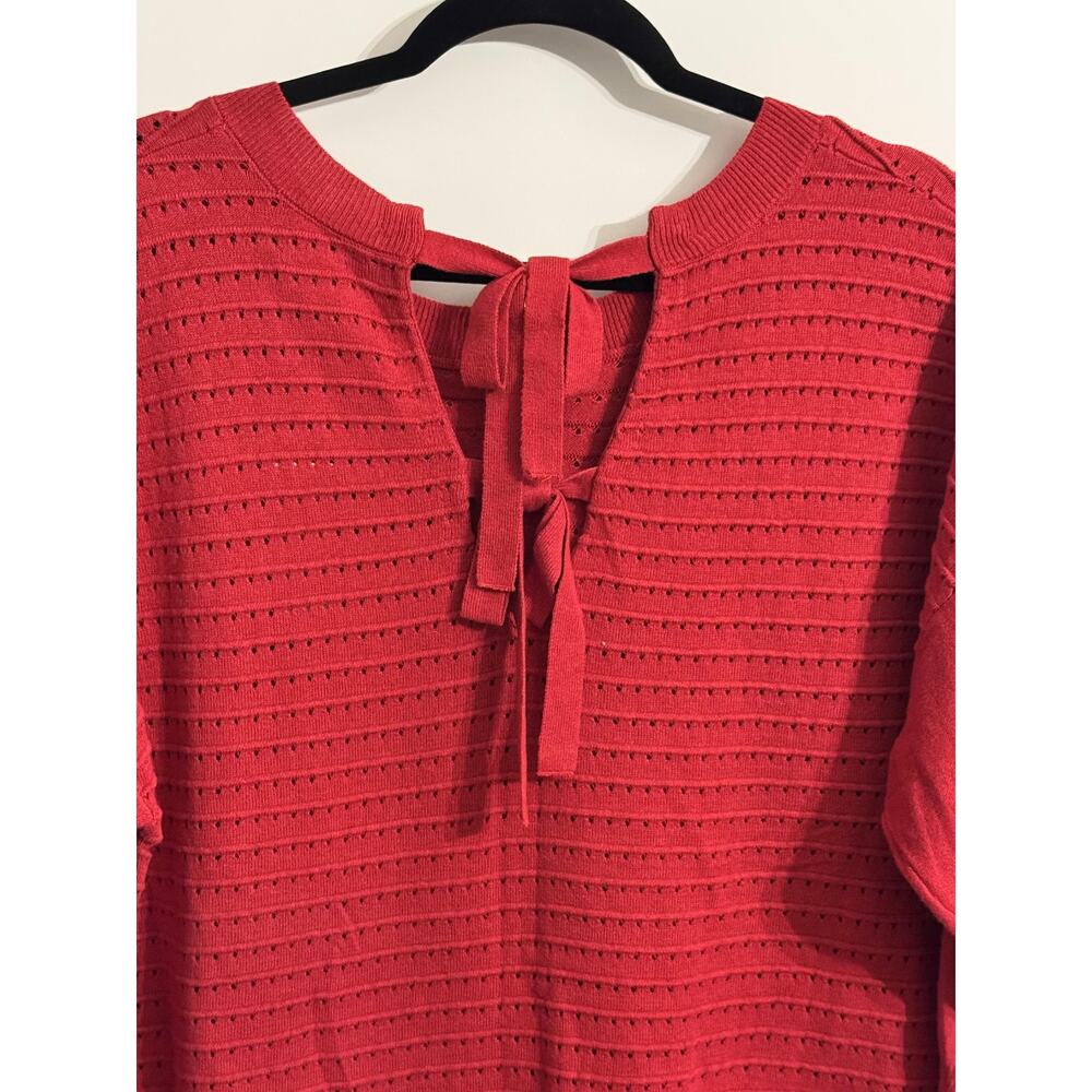 New York & Company Sweater Womens XL Red Open Knit Bow Back 3/4 Sleeve Pullover - Picture 11 of 11